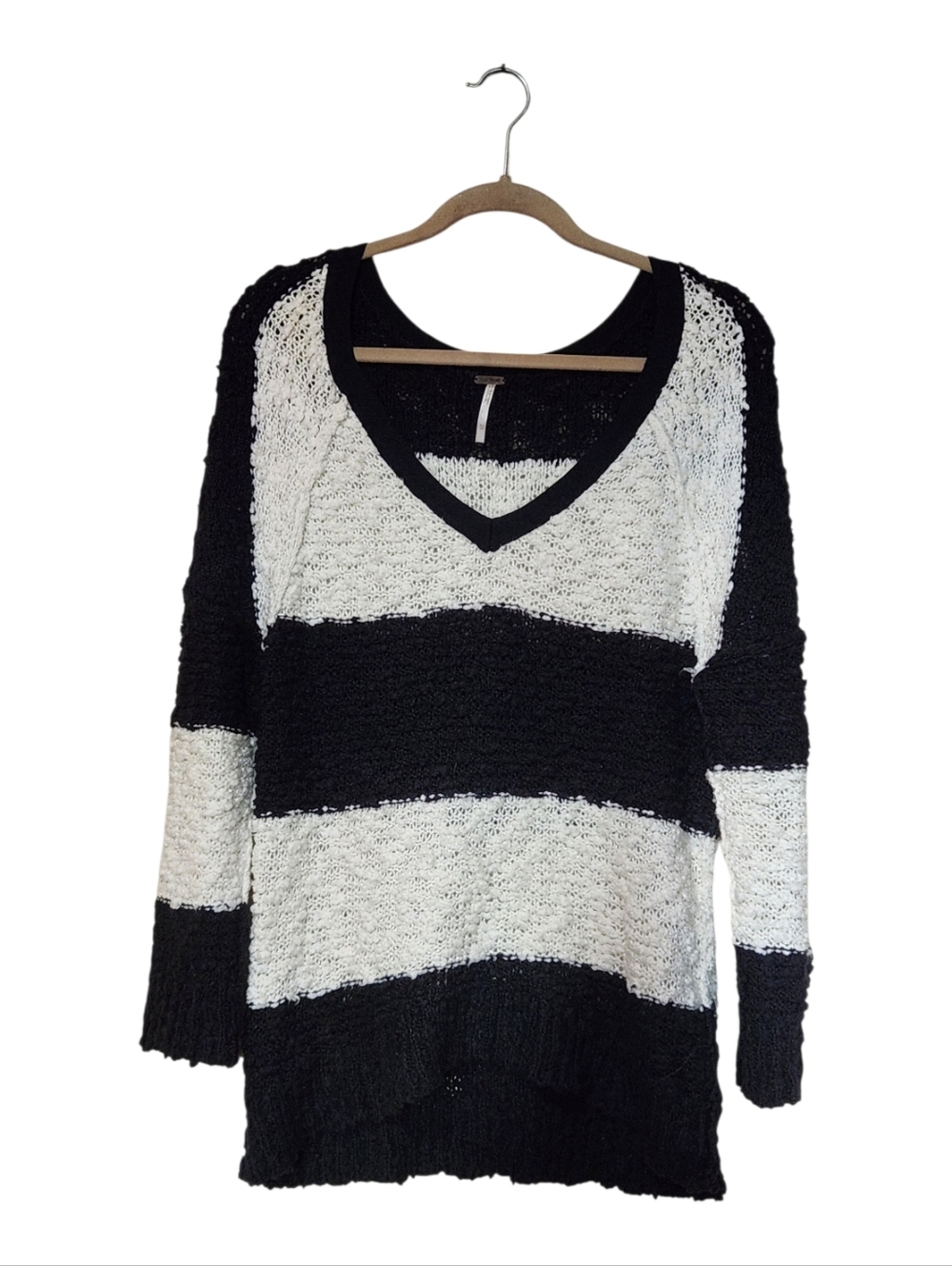 Free People Songbird Rugby Stripe Black and Cream Bouclé Sweater XSmall